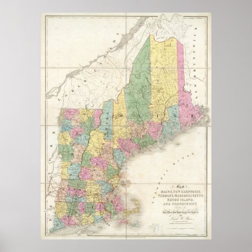 Vintage Map of New England 1839 Poster