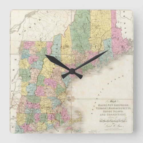 Vintage Map of New England 1839 Square Wall Clock