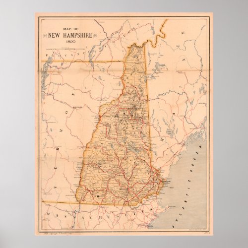 Vintage Map of New Hampshire 1890 Poster