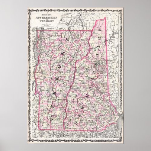 Vintage Map of New Hampshire and Vermont 1861 Poster