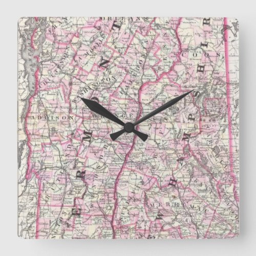 Vintage Map of New Hampshire and Vermont 1861 Square Wall Clock
