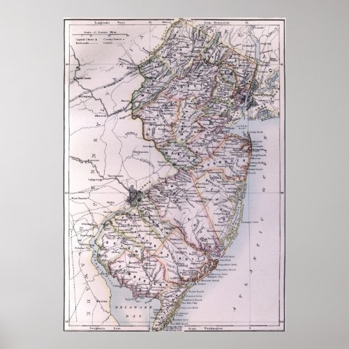 Vintage Map of New Jersey 1884 Poster