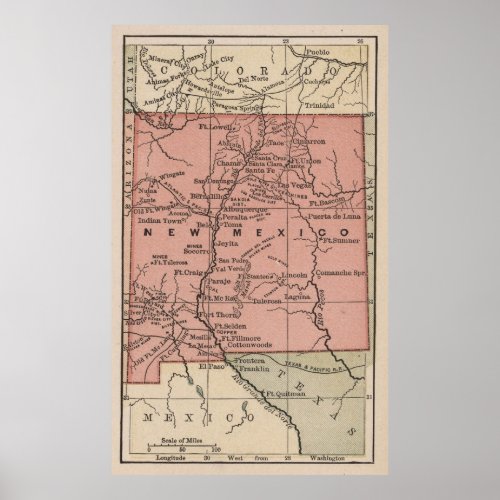 Vintage Map of New Mexico 1880 Poster