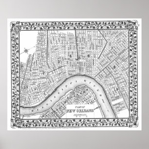 Vintage Map of New Orleans (1880) BW Poster