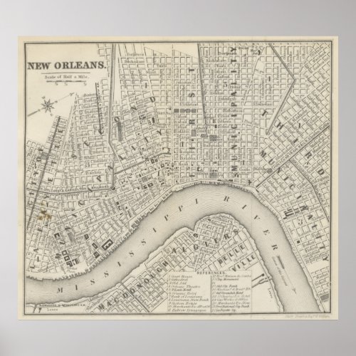 Vintage Map of New Orleans LA 1866 Poster