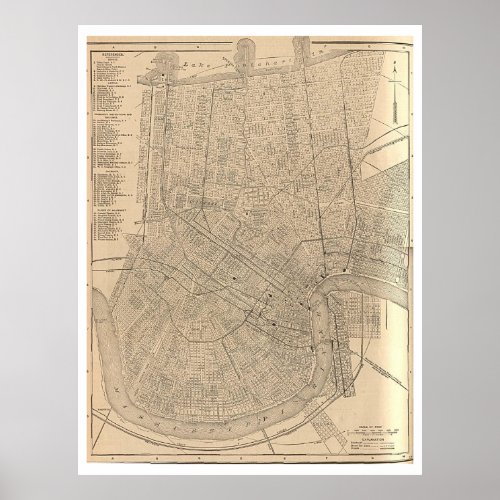 Vintage Map of New Orleans LA 1908 Poster