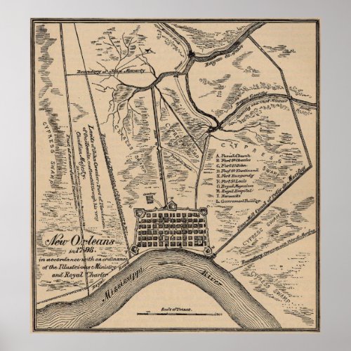 Vintage Map of New Orleans Louisiana 1798 Poster