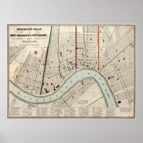 Vintage Map of New Orleans Louisiana 1845 Poster