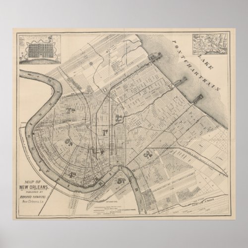 Vintage Map of New Orleans Louisiana 1885 Poster