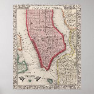 Vintage Map of New York & Brooklyn 1860 Poster