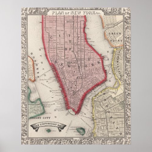 Vintage Map of New York  Brooklyn 1860 Poster