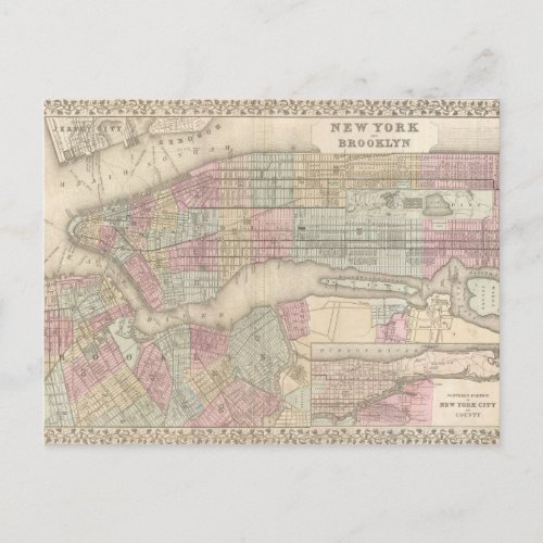 Vintage Map of New York City  Brooklyn Postcard