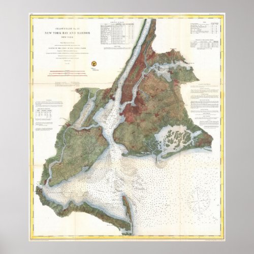 Vintage Map of New York City Harbor 1866 Poster