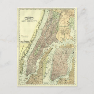 Vintage Map of New York City Manhattan Postcard