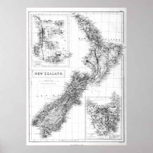 Vintage Map of New Zealand 1854 BW Poster