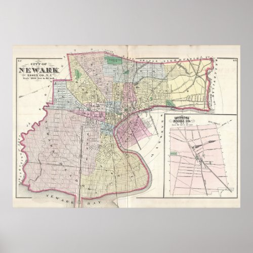 Vintage Map of Newark NJ 1872 Poster