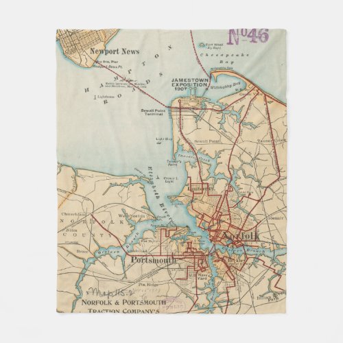 Vintage Map of Norfolk and Portsmouth VA 1919 Fleece Blanket