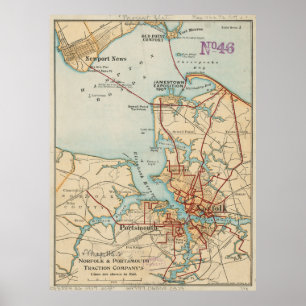 Vintage Map of Norfolk and Portsmouth VA (1919) Poster