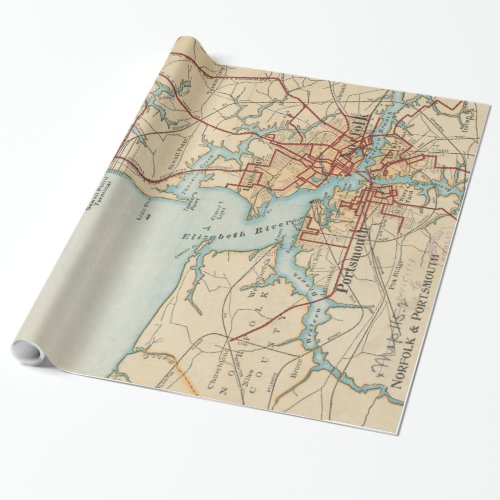 Vintage Map of Norfolk and Portsmouth VA 1919 Wrapping Paper