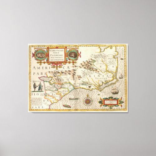 Vintage Map of North Carolina 1638 Canvas Print