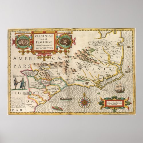 Vintage Map of North Carolina 1638 Poster