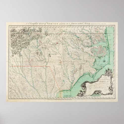 Vintage Map of North Carolina 1770 Poster