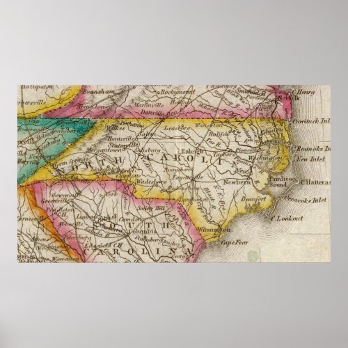 Vintage Map of North Carolina 1822 Poster