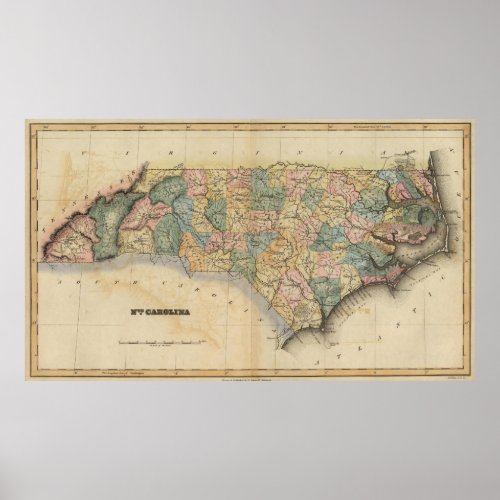 Vintage Map of North Carolina 1823 Poster
