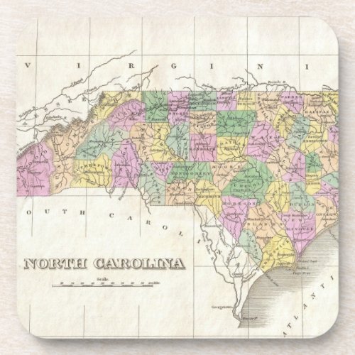Vintage Map of North Carolina 1827 Beverage Coaster