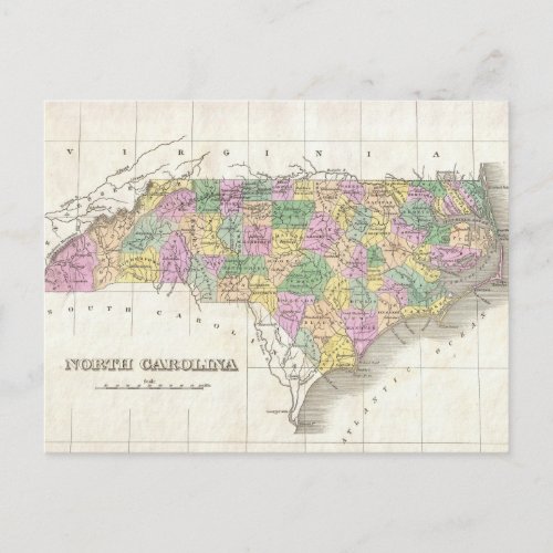 Vintage Map of North Carolina 1827 Postcard