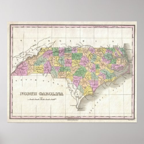 Vintage Map of North Carolina 1827 Poster