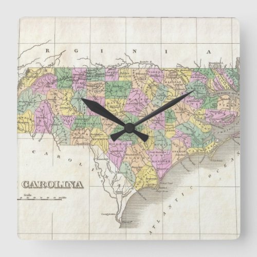 Vintage Map of North Carolina 1827 Square Wall Clock