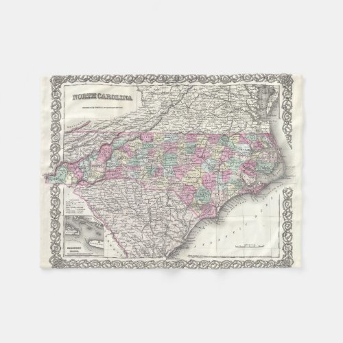 Vintage Map of North Carolina 1855 Fleece Blanket