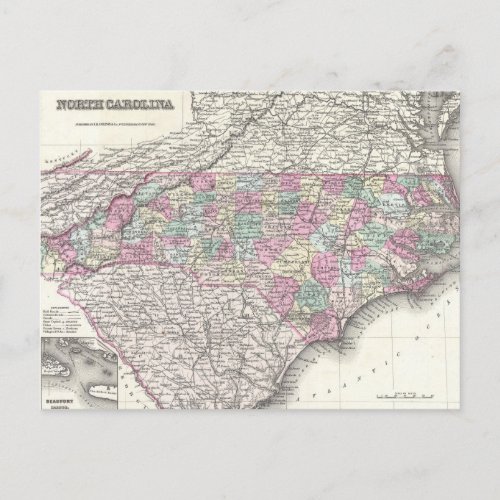 Vintage Map of North Carolina 1855 Postcard