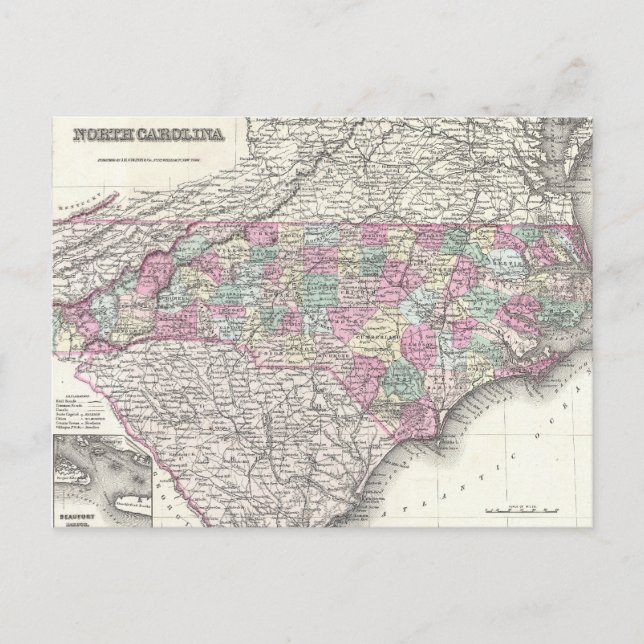 Vintage Map of North Carolina (1855) Postcard (Front)