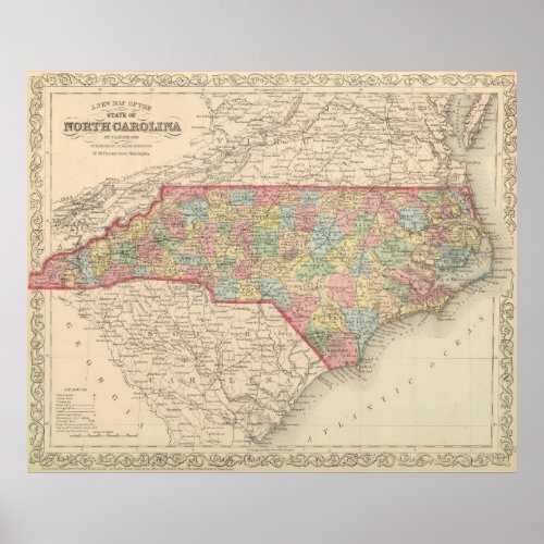 Vintage Map of North Carolina 1859 Poster