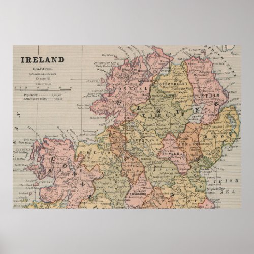 Vintage Map of Northern Ireland 1883 Poster