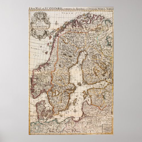 Vintage Map of Norway and Sweden 1717 Poster