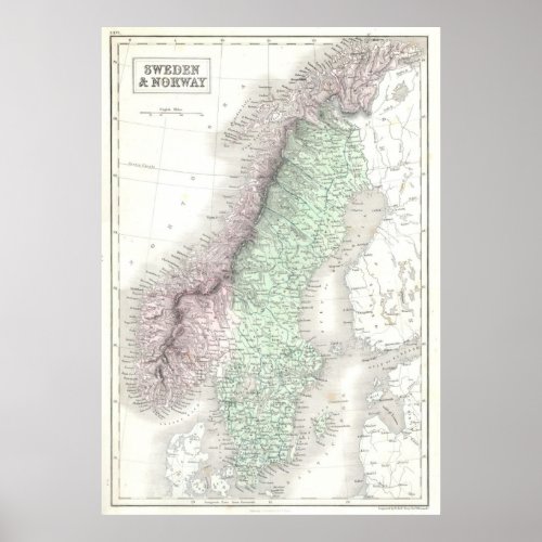 Vintage Map of Norway and Sweden 1851 Poster