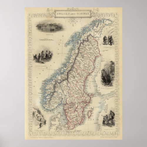 Vintage Map of Norway and Sweden 1851 Poster