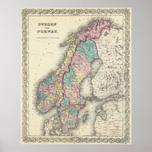 Vintage Map of Norway and Sweden 1856 Poster