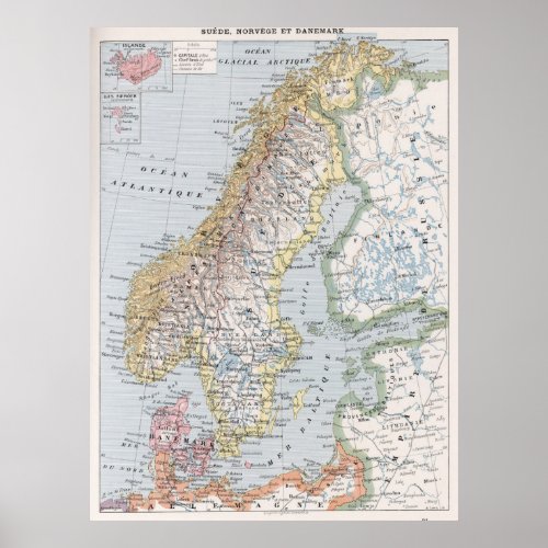 Vintage Map of Norway and Sweden 1900 Poster