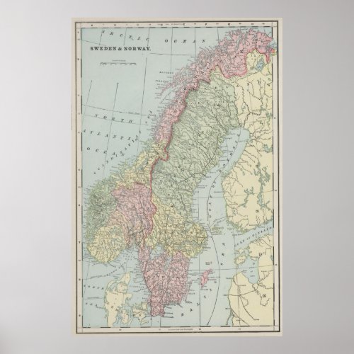 Vintage Map of Norway and Sweden 1901 Poster