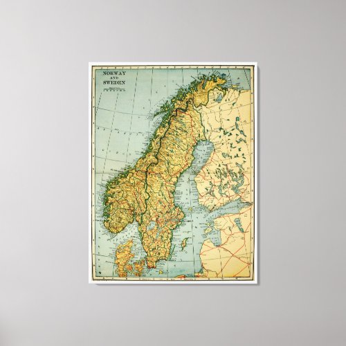 Vintage Map of Norway and Sweden 1921 Canvas Print