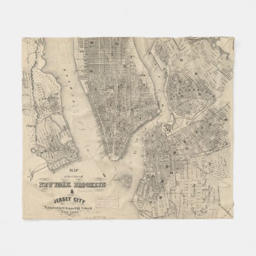 Vintage Map of NYC and Brooklyn 1855 Fleece Blanket