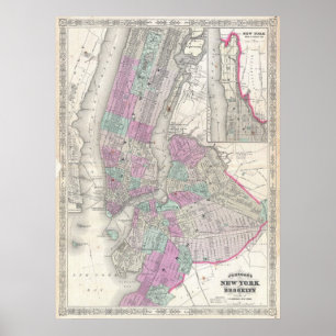 Vintage Map of NYC and Brooklyn (1866) Poster