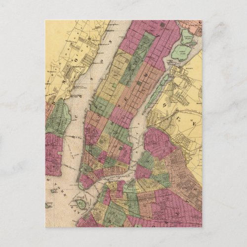 Vintage Map of NYC and Brooklyn 1868 Postcard