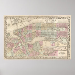 Vintage Map of NYC and Brooklyn (1882) Poster