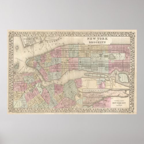 Vintage Map of NYC and Brooklyn 1882 Poster