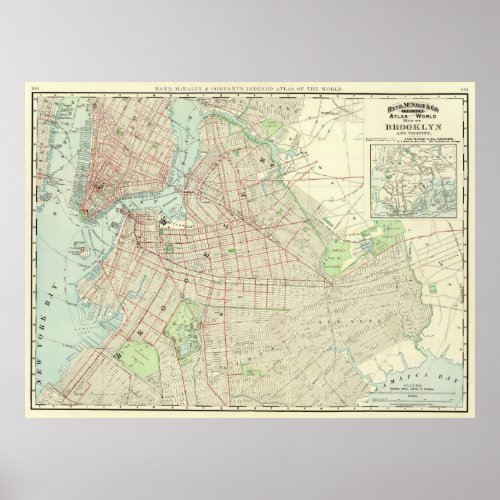 Vintage Map of NYC and Brooklyn 1897 Poster